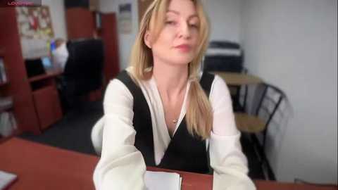 Media: Video of a blonde woman in a black vest over a white shirt, seated at a desk in a cluttered office with red walls and shelves, holding a pen.