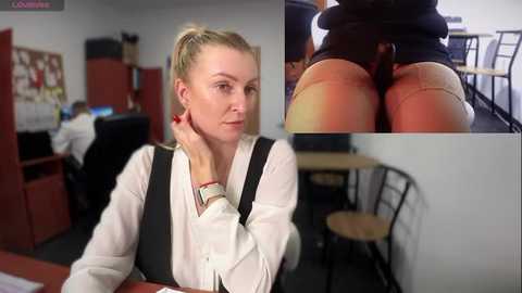 Media: A video shows a blonde woman in a white blouse, black vest, and red bracelet, seated at a desk. Inset: close-up of her exposed buttocks in tight black shorts. Office background with desks, papers, and chairs.