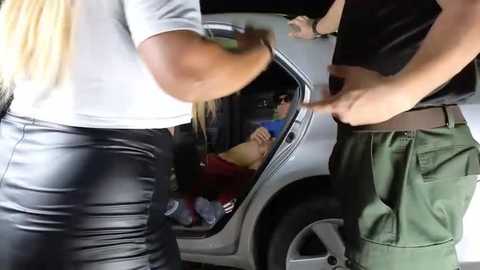 Media: Video: A woman with long blonde hair in a grey shirt and black leather pants, and a man in green pants and a black shirt, open a car door to reveal a child wearing a red shirt and blue pants inside.