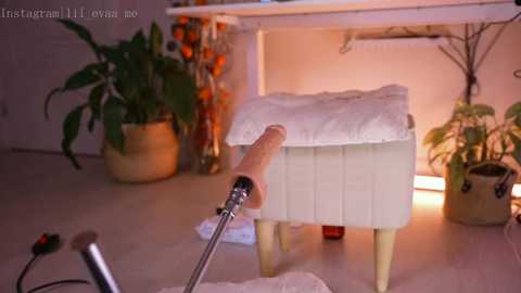 Media: A video of a white ottoman with a beige cushion being upholstered by a man using a handheld sewing machine on a light-colored floor. Potted plants are scattered around the room, and a bright, warm light illuminates the scene.