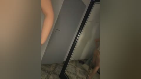 Media: A video shows a blurred, nude man with light skin, standing in front of a mirror in a dimly lit room. His reflection is visible, showing a muscular physique. The background includes a closed door and a beige carpet.