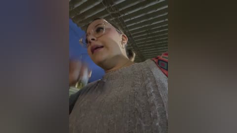 Media: A video of a woman with fair skin and light brown hair, wearing glasses and a gray sweater, under a green awning against a clear blue sky.