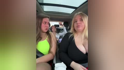 Media: Video of three young women in a car: one in a neon yellow bikini, one in a black top, and one in a grey top, all with fair skin and blonde hair, looking at the driver.