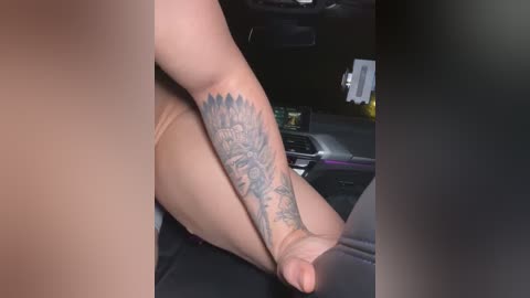 Media: Video of a naked person with a tattooed forearm and erect penis, seated in a car with a blurred background.