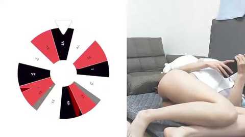 Media: Video juxtaposing a diagram of a sex toy and an image of a person lying on a bed. The diagram shows a red and black segmented toy, while the person is partially dressed in white.