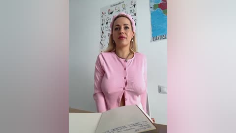 Media: A video of a blonde woman with fair skin, wearing a pink cardigan, sitting at a desk, writing in an open notebook. Background includes alphabet posters and a world map.