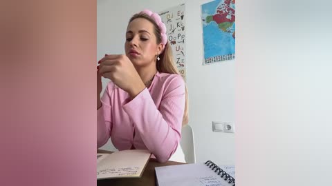 Media: A video of a young woman in a pink dress, sitting at a desk with books and a globe, in a bright, white room with educational posters on the walls.