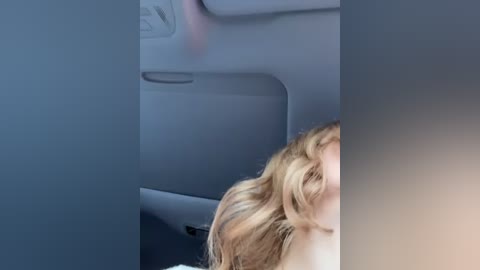 Media: A video of a blonde woman's shoulder-length hair cascading over a grey car seat, partially obscuring her face. The car interior features a grey headrest and a visible portion of a window, giving a casual, candid feel.