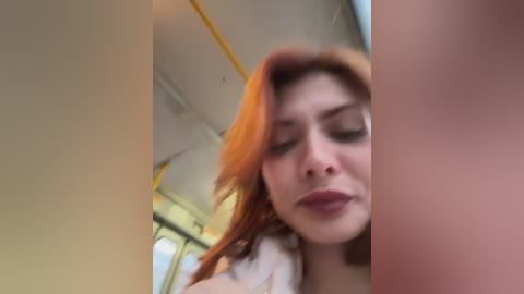 Media: A video of a young woman with fair skin and shoulder-length red hair, wearing dark lipstick, taken from a low angle, with a blurred background of a bus interior.