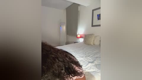 Media: Video of a minimalist bedroom with a white bed, beige pillows, and a red lamp on a white nightstand, framed by a gray wall and abstract art.