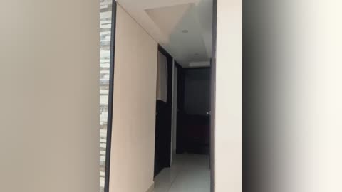 Video of a narrow, modern hallway with beige walls, black trim, and a glossy tile floor. A partially open door on the right reveals a dark room beyond. The hallway's simplicity and minimalist design suggest a contemporary apartment or hotel.