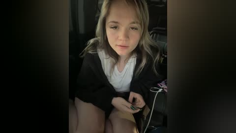 Media: Video of a young, light-skinned woman with long, blonde hair sitting in a dimly lit car, wearing a white shirt and black jacket, looking down at her hands.