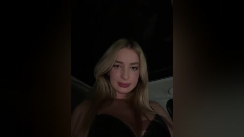 Media: Video of a fair-skinned woman with long blonde hair, wearing a black lace bra, sitting in a dimly lit car. Her face is composed, eyes slightly downcast, creating a sultry, intimate atmosphere.