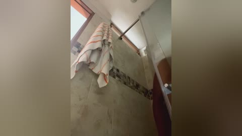 Media: Video of a bathroom with beige walls and a striped towel hanging from a metal bar, a red shower curtain, and a small window with natural light.