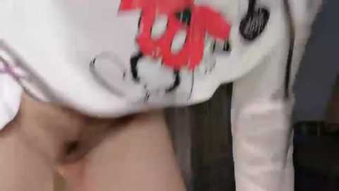 Media: A blurry video of a person with light skin, wearing a white shirt with a large red and black logo, revealing their partially visible genitalia. The background is indistinct.