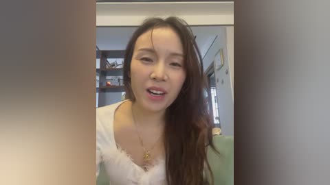 Media: A video of an Asian woman with long, straight black hair, wearing a white top, and a gold necklace. She has a neutral expression and is indoors with bookshelves and a green carpet in the background.