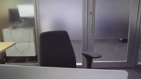 Media: A video of a modern office interior with frosted glass walls, a black ergonomic chair, and a beige desk. The room is lit by natural light, and the carpet is light gray.