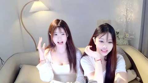 Media: Video of two young East Asian women with straight hair, smiling and posing on a modern couch. One has a white top, the other a white cardigan. Background includes a lamp, vase, and white wall.