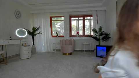 Media: Video of a minimalist, bright room with white walls, a pink tufted chair, a round mirror, a white table, two potted plants, and a TV.