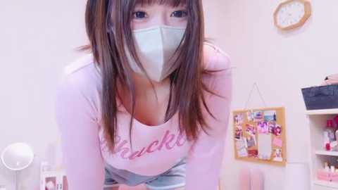 Media: A video of a young East Asian woman with straight, dark hair, wearing a pink shirt with \"cute\" written on it, a face mask, and a white tank top, leaning forward. The background shows a white wall with a clock, a bulletin board, and a shelf with beauty products.