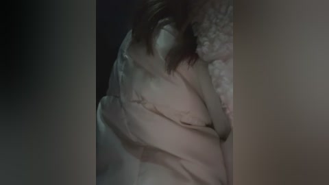 Media: A dimly lit video of a woman, with long brown hair, partially covered by a white, fluffy blanket, leaning against a soft, textured wall. The image has a moody, intimate atmosphere.