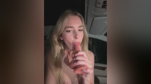 Media: A video of a nude blonde woman with long hair, wearing a dildo, in a dimly-lit car interior.