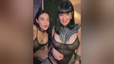 Media: Video of two women in black lingerie and fishnet stockings, smiling, in a dimly lit room with a green wall and a lamp.