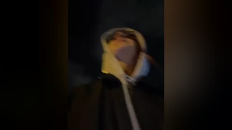 Media: A blurry video of a person wearing a dark cloak with a hood, standing in a dimly lit, possibly medieval-themed setting. The image lacks clarity, making details hard to discern.