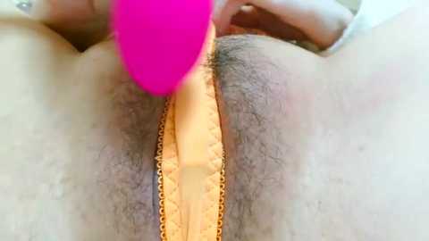 Media: Video of a close-up of a woman's vulva, with a pink vibrator inserted, yellow lace panties partially pulled aside, showing pubic hair, light skin, and a blurred background.