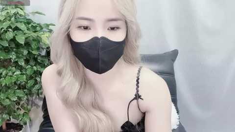 Media: Video of an Asian woman with long, wavy platinum blonde hair, wearing a black face mask and black lace lingerie, sitting in a dimly lit room with a green potted plant in the background.