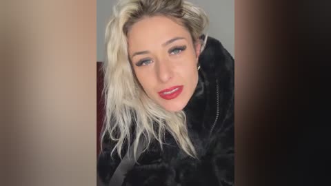 Media: Video of a blonde woman with fair skin, blue eyes, and red lipstick, wearing a black fur coat, leaning against a blurred dark background.