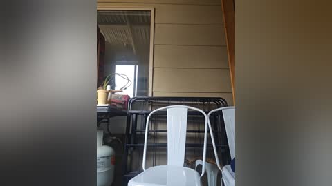 Media: Video of a cluttered patio with beige siding, white metal chairs, a black metal table, a white propane tank, and a green plant on the table.