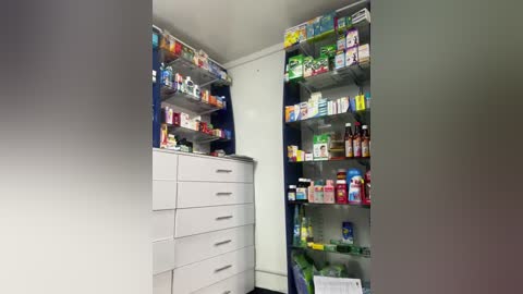 Media: A video of a pharmacy interior, featuring brightly colored shelves packed with various medication boxes and bottles. The room is clean, well-lit, and organized, with a white cabinet on the left and a white countertop in the foreground.