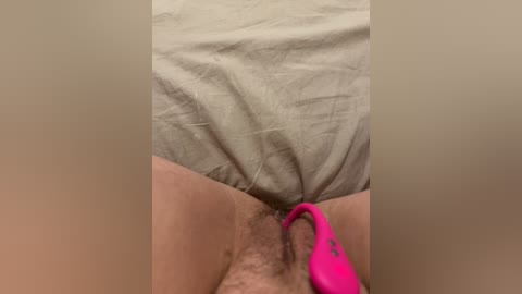 Media: Video of a woman's nude torso and genital area, lying on a beige bedsheet. She has a light brown complexion and is using a bright pink vibrator.