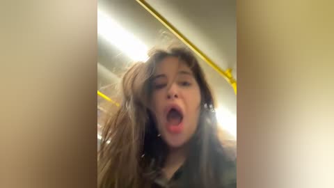 Media: A blurry video of a young woman with long, wavy brown hair, open mouth in a yell or scream, standing in a yellow-lit subway car.