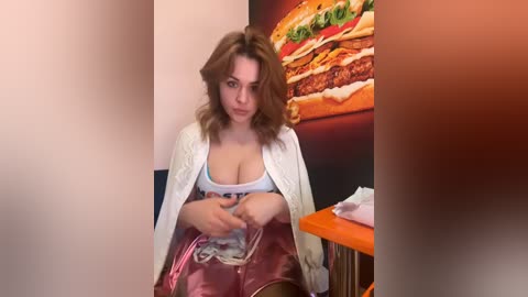 Media: Video of a young woman with wavy, shoulder-length brown hair, wearing a white cropped cardigan, revealing a low-cut tank top, and pink shorts. She's seated indoors, surrounded by a wall poster of a hamburger and a table with a pink object.