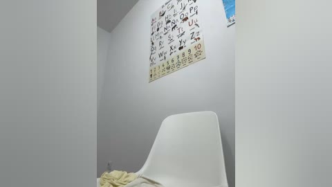 Media: Video of a minimalist, sparsely decorated room with a white chair, beige blanket, and alphabet poster on a light gray wall.