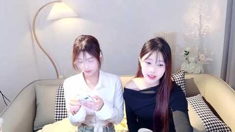 Media: Video of two young Asian women, one with long brown hair, seated on a beige couch, playing with a smartphone, against a soft gray wall with a modern lamp and floral decor.