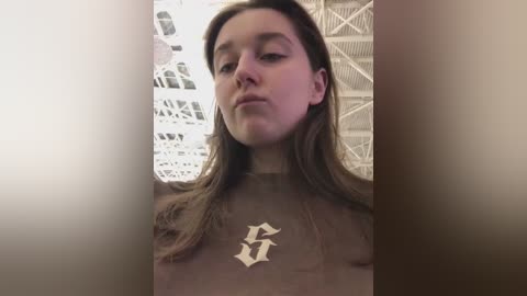 Media: Video of a young woman with light skin, straight brown hair, and a serious expression, wearing a brown shirt with an ornate \"E\" emblem. The background features a geometric, white metal structure.