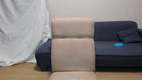 Media: Video of a beige, reclining chair facing a dark blue sofa with a blue cushion against a white curtain backdrop.