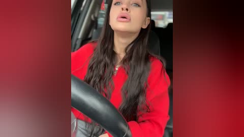 Media: Video of a young woman with long, dark hair, wearing a bright red sweater, driving a car with black leather seats.