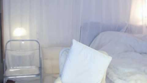 Media: A video depicting a dimly lit bedroom with a white canopy bed, a glass chair, and sheer white curtains. The room exudes a serene, minimalist ambiance.