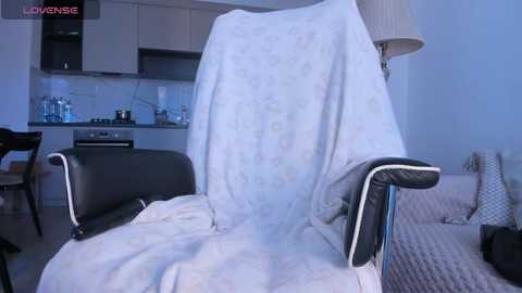 Media: Video of a modern kitchen with a black leather chair covered in a white blanket, featuring a subtle floral pattern. The background showcases white cabinets, a dishwasher, and a sink with blue water bottles.