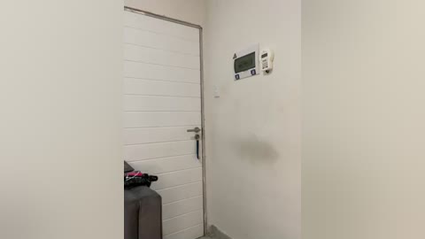 Media: Video of a narrow, white-walled hallway with a white tiled door on the left and a white wall-mounted thermostat and control panel on the right.