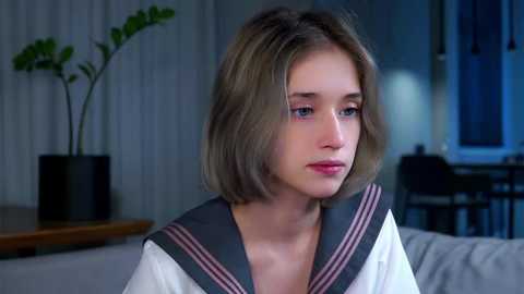 Media: Video of a young woman with shoulder-length light brown hair, wearing a Japanese schoolgirl sailor uniform, in a dimly lit, modern living room with a green potted plant and a window.