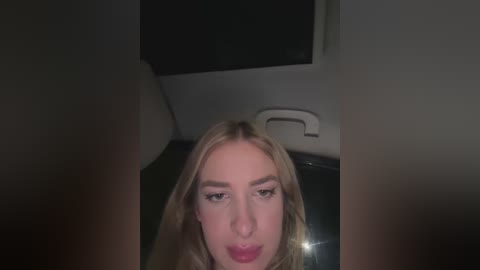 Media: A video of a young woman with blonde hair, wearing makeup, looking down from the driver's seat of a car, in dim lighting.