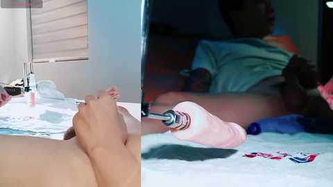 Media: Video split into two sections: left shows a barefoot person's leg on a white bed with a pink sock, right shows a person in a green shirt and pink socks lying on a bed.