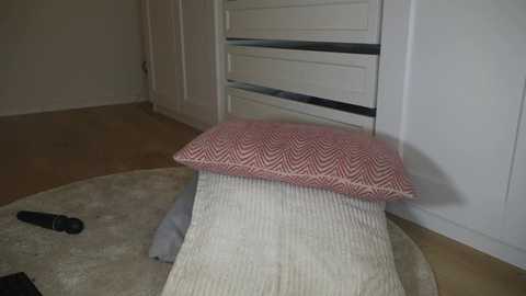 Media: Video of a neatly made bed in a minimalist bedroom with white walls, a beige rug, and a white dresser with a red and white patterned pillow.