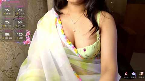 Media: Video of a South Asian woman with medium skin tone, wearing a light yellow floral blouse with low-cut neckline, draped in a sheer white sari, partially revealing her cleavage. Background shows a blurred, dimly lit room.