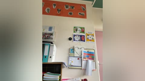 Media: Video of a home office wall with various colorful posters, framed pictures, a calendar, and shelves filled with folders, binders, and papers. The room has light green walls and a white ceiling.